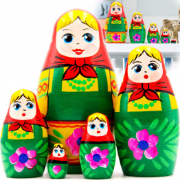 Матрешка в зеленом сарафане и красном платке (набор 5 шт)