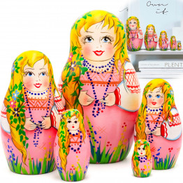 Деревянные матрешки в розовом сарафане с косичкой, 5 шт