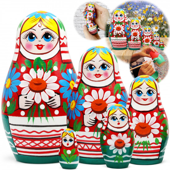 Матрешка девушка с ромашками и васильками в белорусском костюме (набор 5 шт)