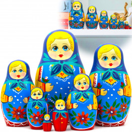 Матрешки в синем платке и платье-сарафане с цветочным декором, деревянные игрушки, 7 штук