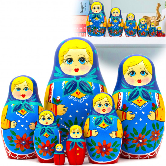 Матрешки в синем платке и платье-сарафане с цветочным декором, деревянные игрушки, 7 штук