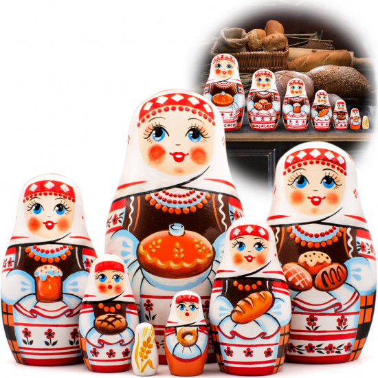 Матрешки с хлебом-солью, игрушки из дерева на славянскую тематику, 7 мест