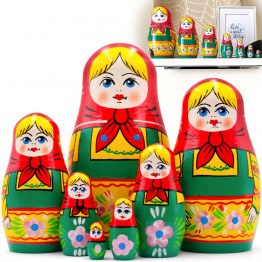 Матрешка в красном платке и летнем сарафане, роспись по дереву, 7 шт