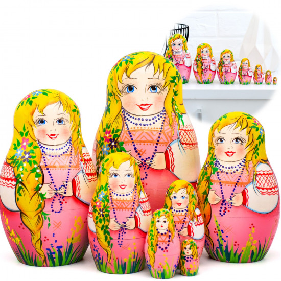 Девочка с косичкой - набор матрешек, эко-игрушки, 7 шт