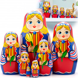 Матрешка с тюльпанами в народном голландском костюме (набор 7 шт)