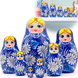 Матрешка в синем наряде с ромашками, коллекционные игрушки из дерева (набор 7 шт)