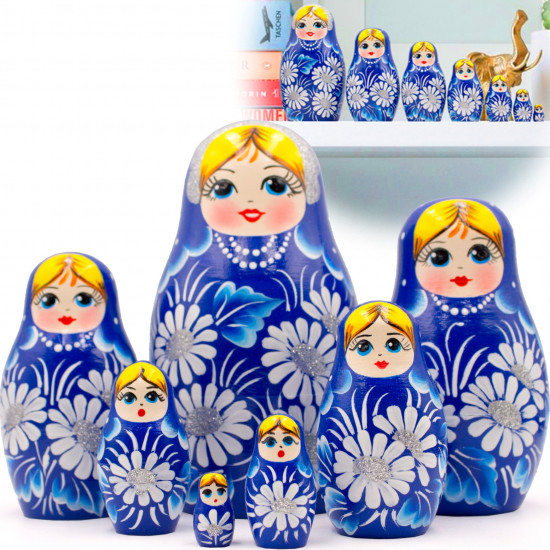 Матрешка в синем наряде с ромашками, коллекционные игрушки из дерева (набор 7 шт)