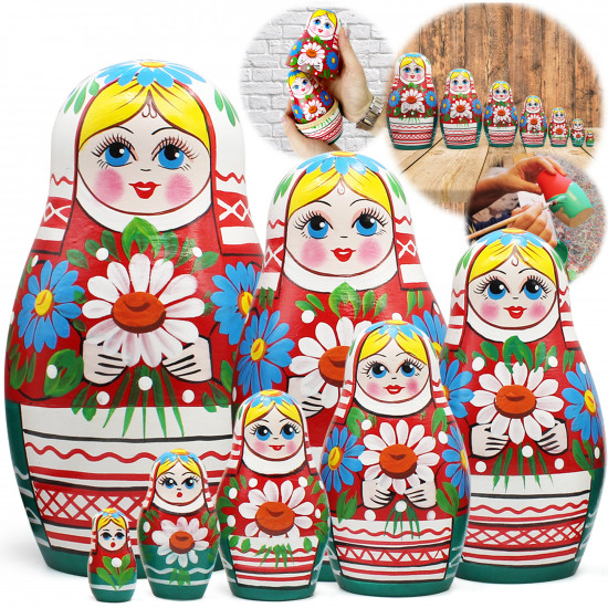 Матрешка деревянная с ромашками и васильками в белорусском костюме (набор 7 шт)