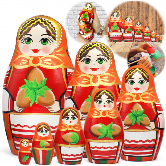 Матрешка в оранжевом платье с лесными орехами (набор 7 шт)