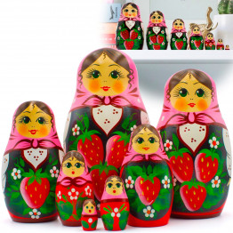 Матрешка девушка с клубникой и в розовом платке (набор 7 шт)