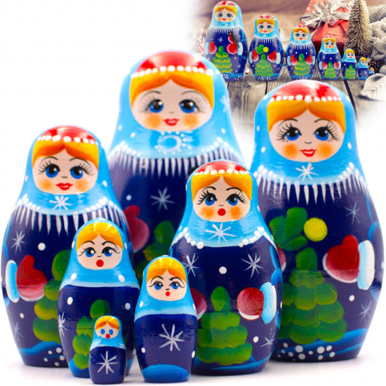 Матрешки Снегурочка, для рождественского декора дома (набор 7 шт)