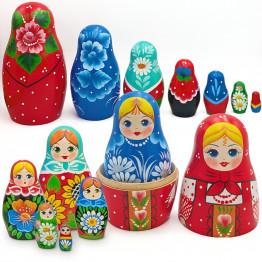 Матрешка в красном сарафане и с цветами, набор 7 шт