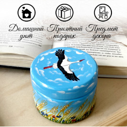 Деревянная шкатулка с аистом, ручная роспись, цвет голубой