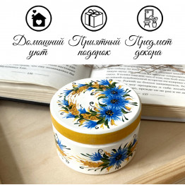 Деревянная шкатулка для украшений с колосками и васильками, белая