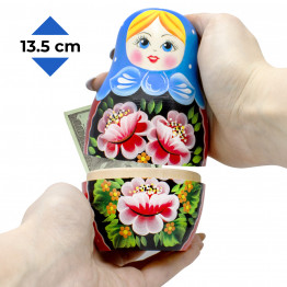 Матрешка-копилка в синем платке и сарафане с розами
